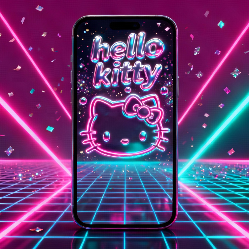 Neon grid Y2K Hello Kitty wallpaper with lasers and chrome text