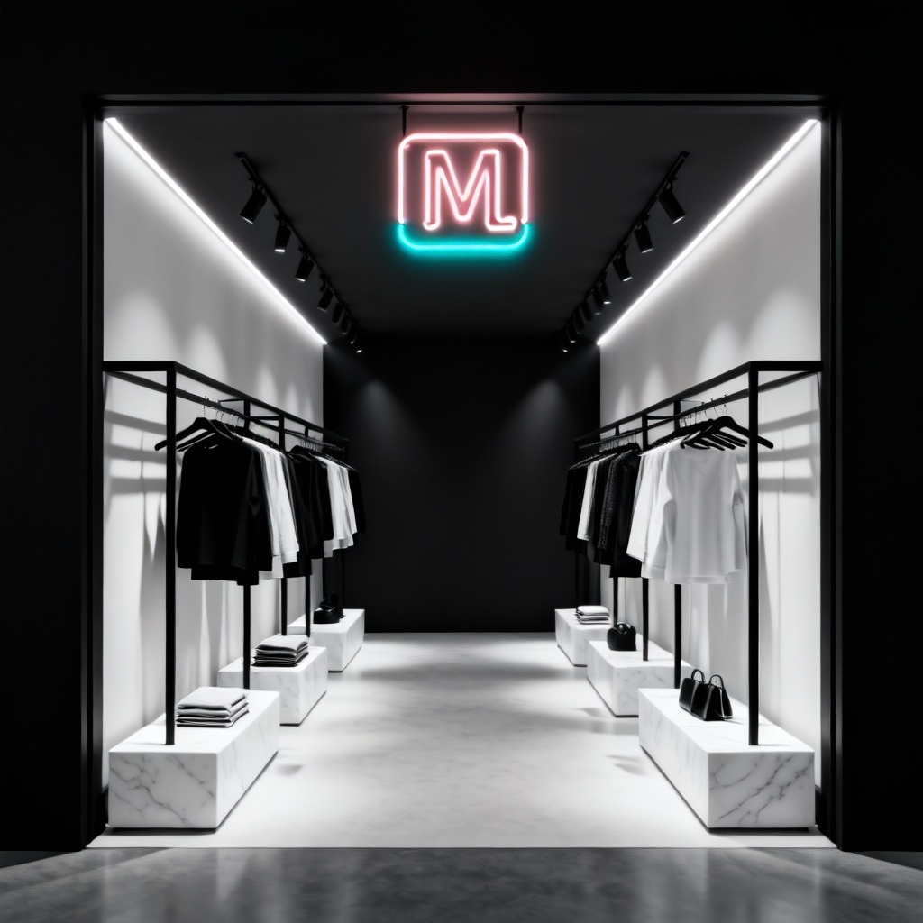 AI monochrome boutique interior with marble plinths