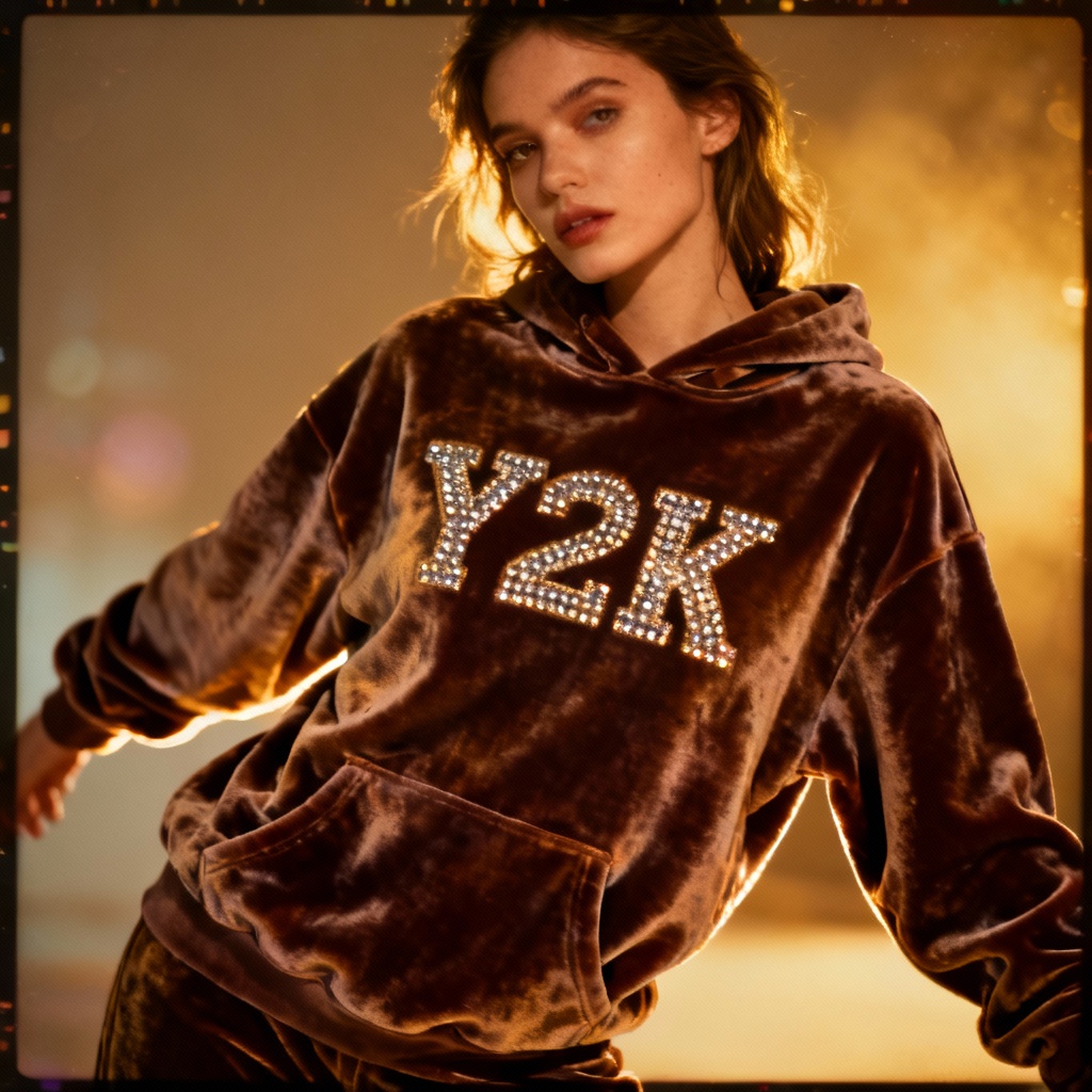 AI Y2K rhinestone velour hoodie try on