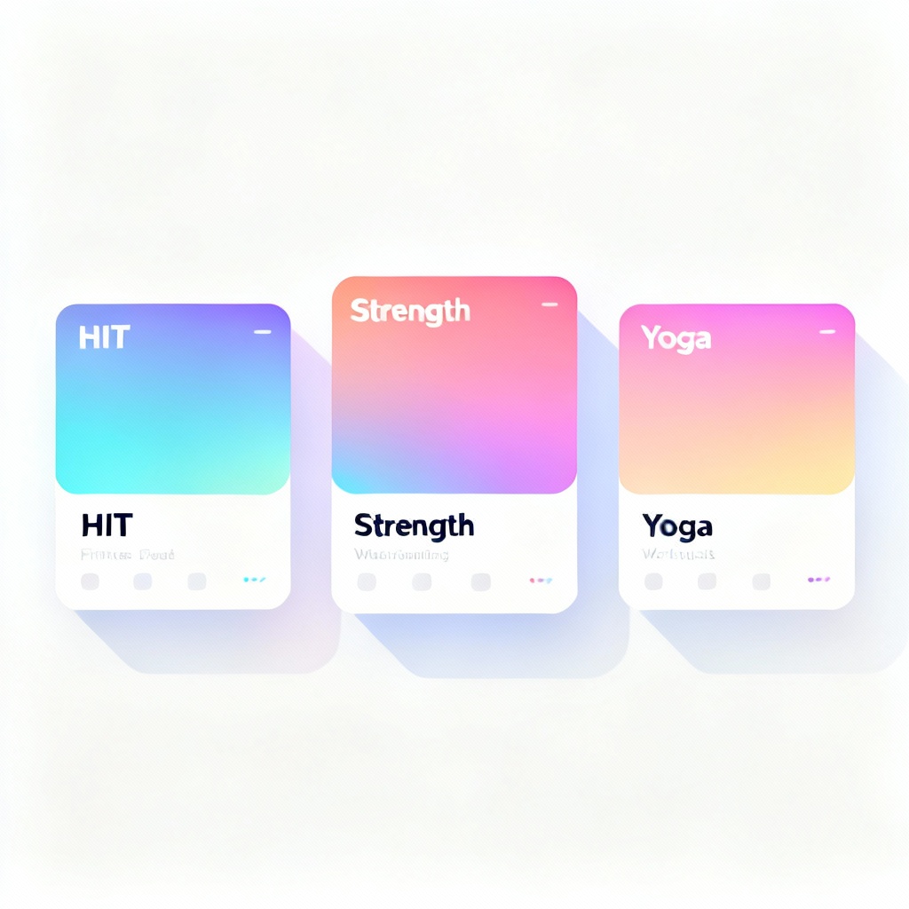 AI workout plan dashboard with HIIT, strength, and yoga cards