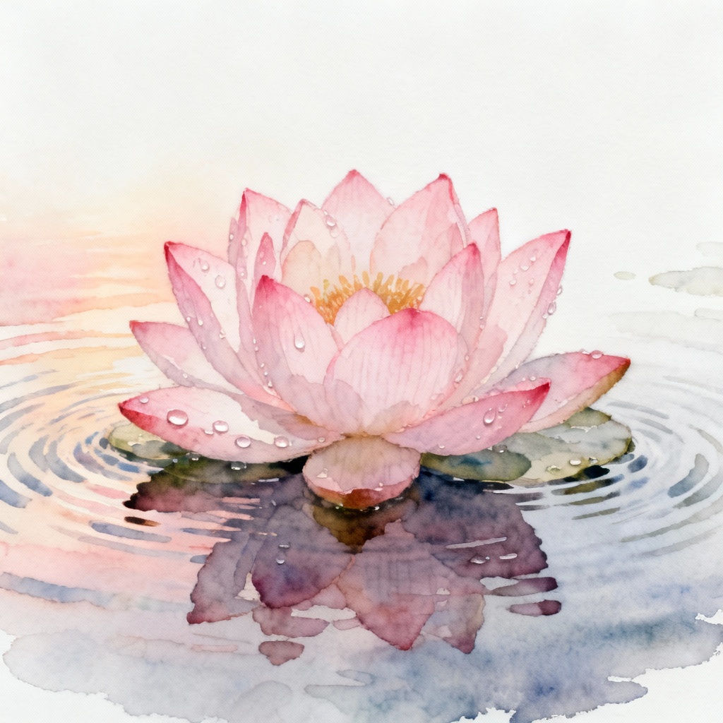 Watercolor pink lotus floating on a tranquil pond at sunrise