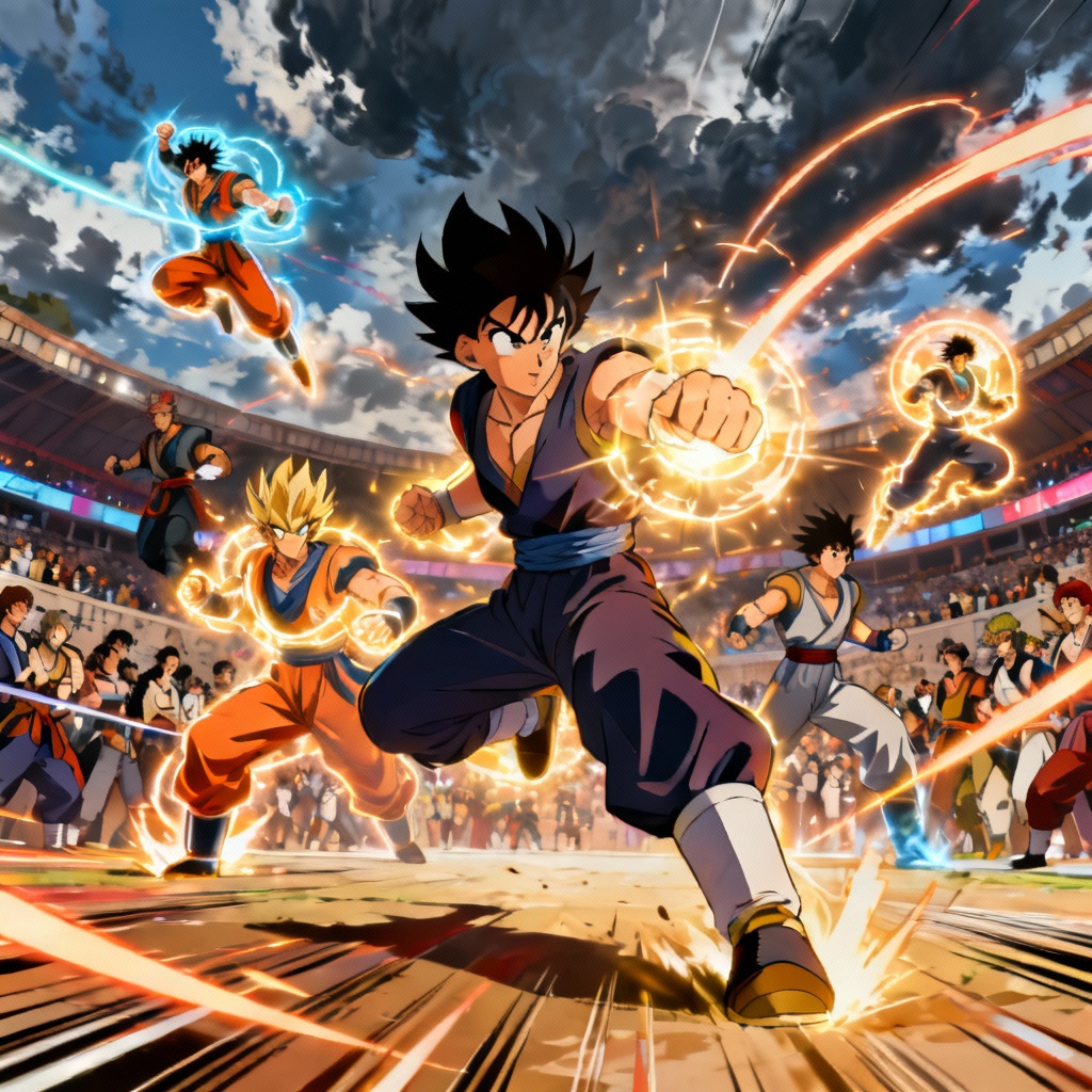 AI anime arena fight with glowing power auras and speed lines