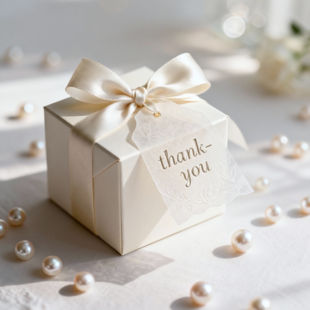 AI ivory wedding favor gift box with ribbon and tag