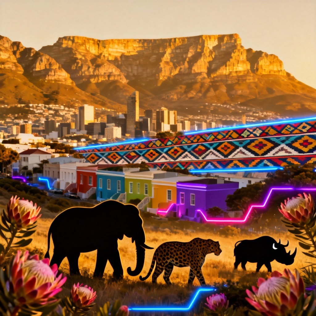 AI collage of South African landmarks, patterns, and wildlife