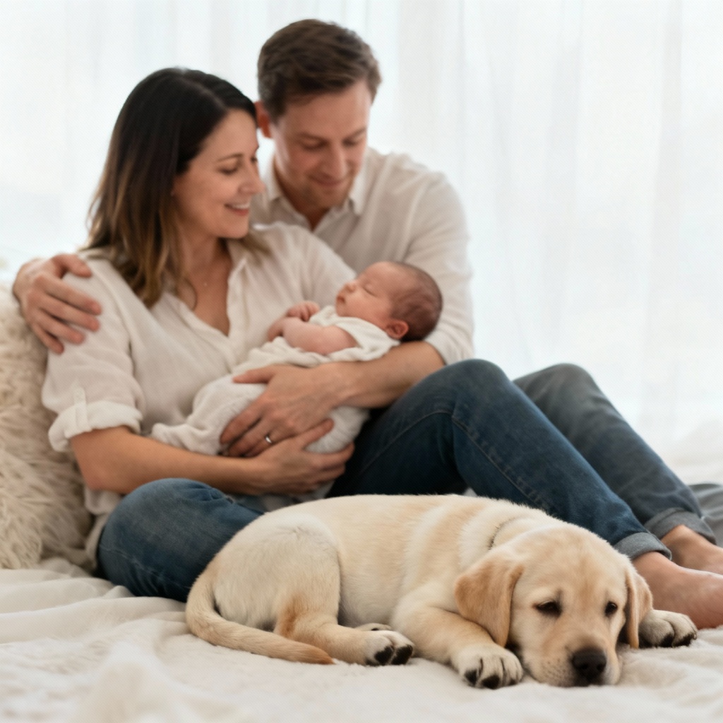 AI newborn and puppy family portrait