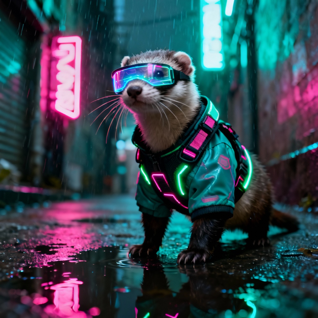 AI cyberpunk ferret cosplay in neon city