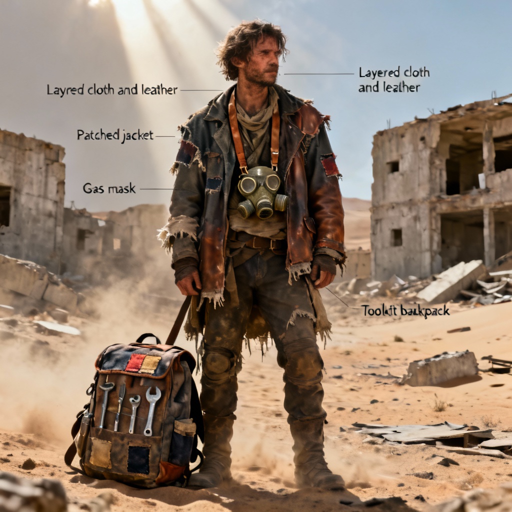 AI realistic wasteland scavenger character design