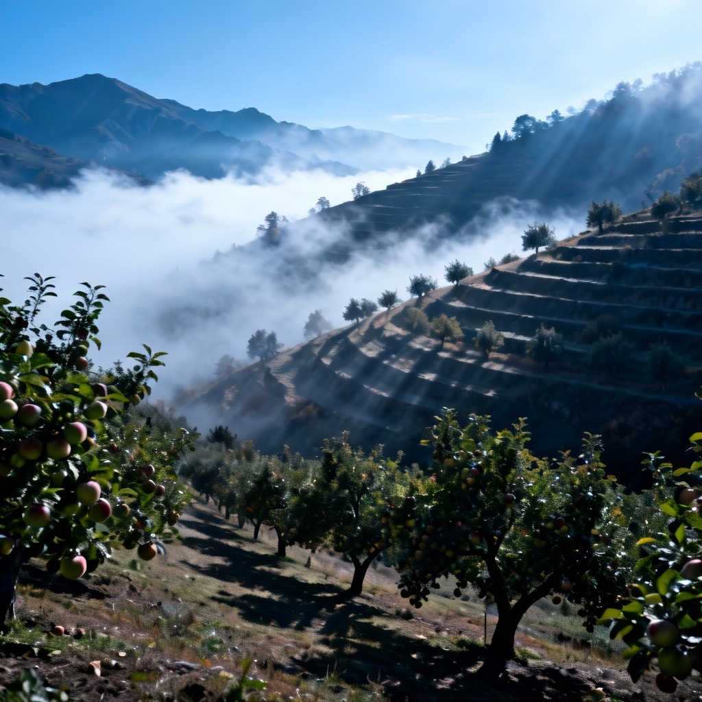 Cinematic apple trees on a misty mountain hillside