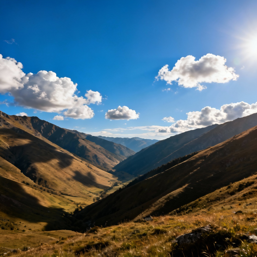 AI mountain valley with soft scattered clouds