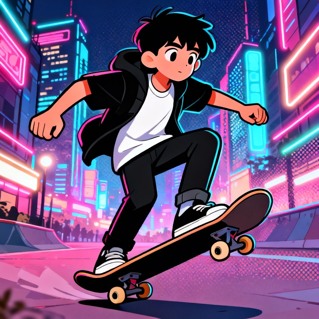 AI cartoon skater character illustration in neon city