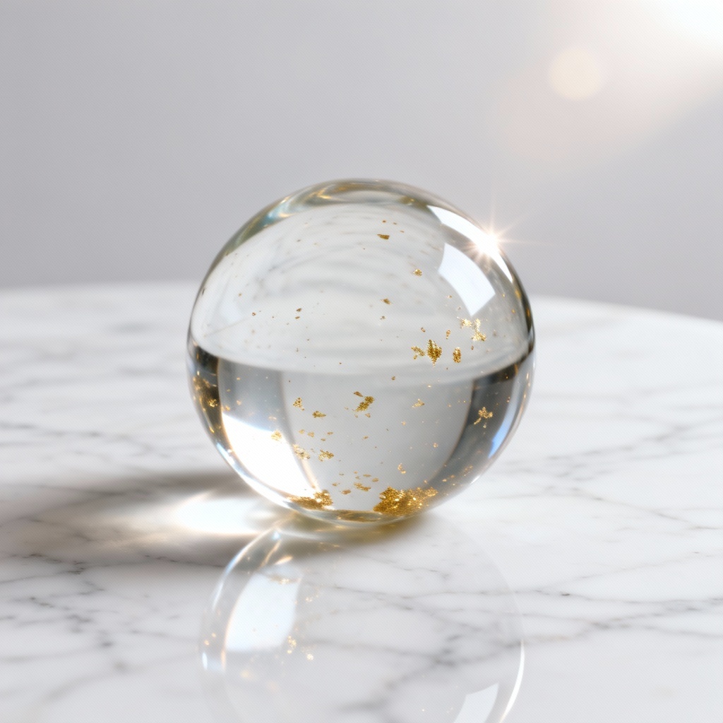 Photorealistic transparent glass sphere on marble with gold flakes and soft studio light