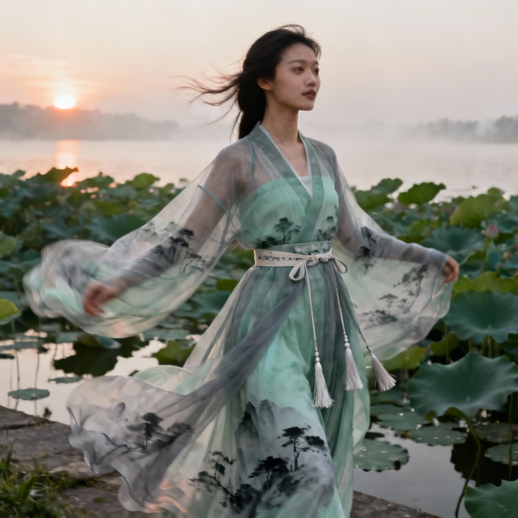 AI ink-wash landscape hanfu flow dress by the lake
