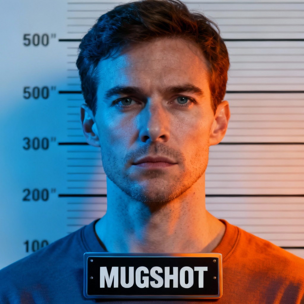 AI mugshot with vibrant color gel lighting