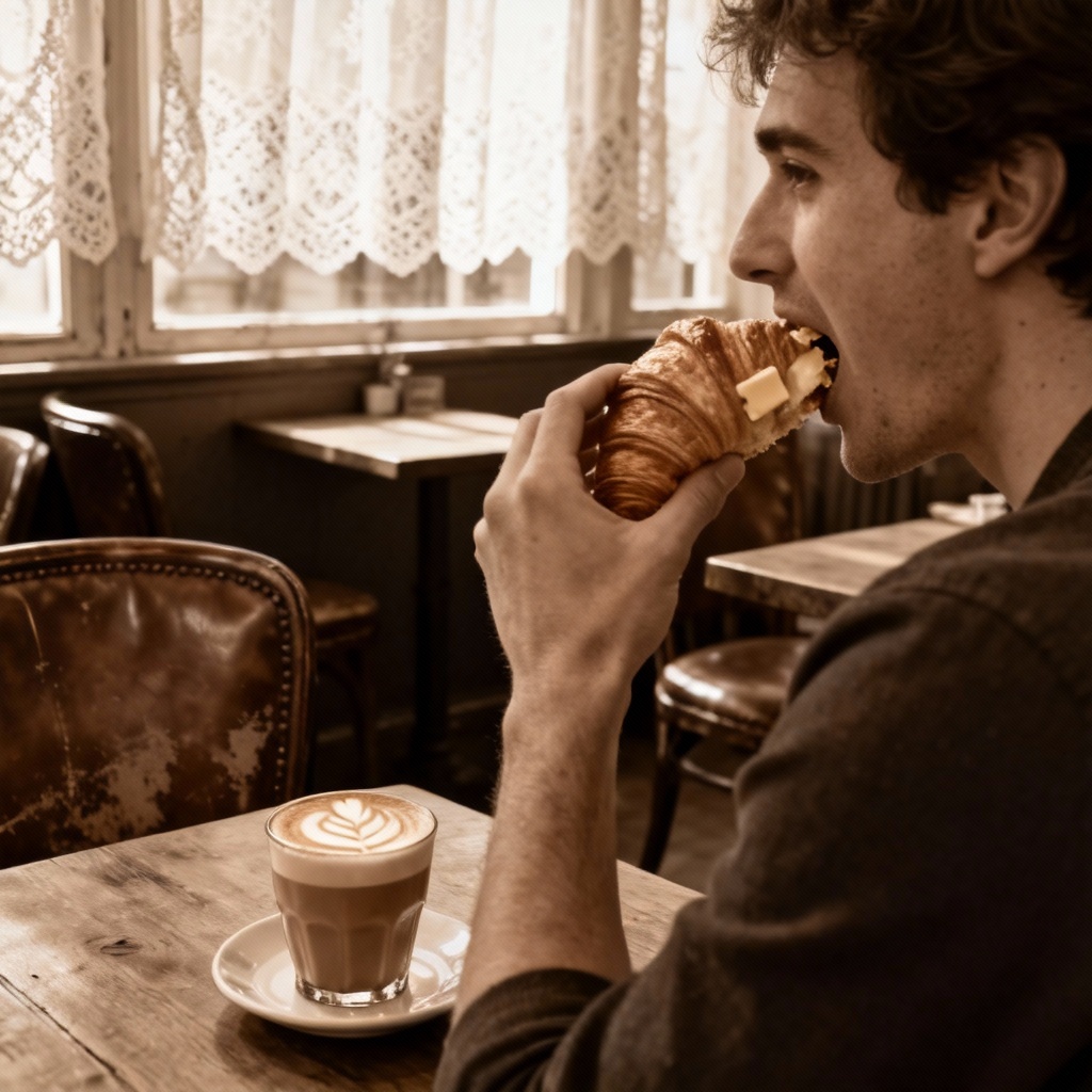 AI cafe breakfast scene with croissant and coffee