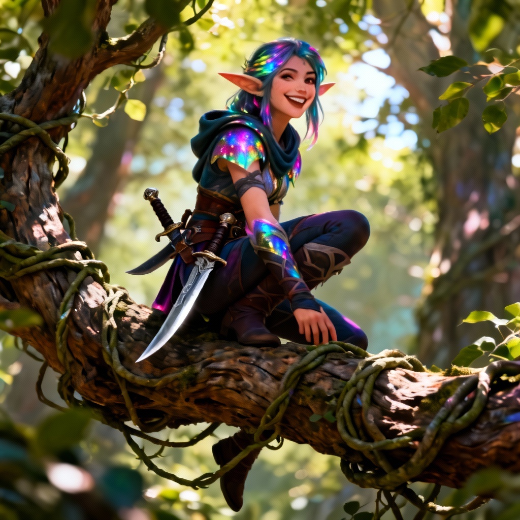 AI fae elf rogue in dappled sunlight