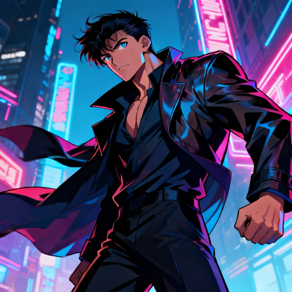 AI Anime Boss Leader with neon city background