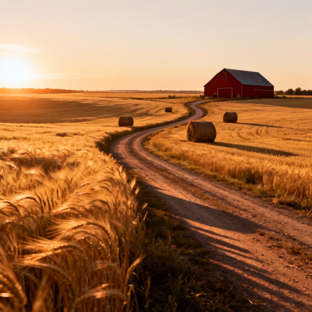 AI golden wheat fields at sunset with barn