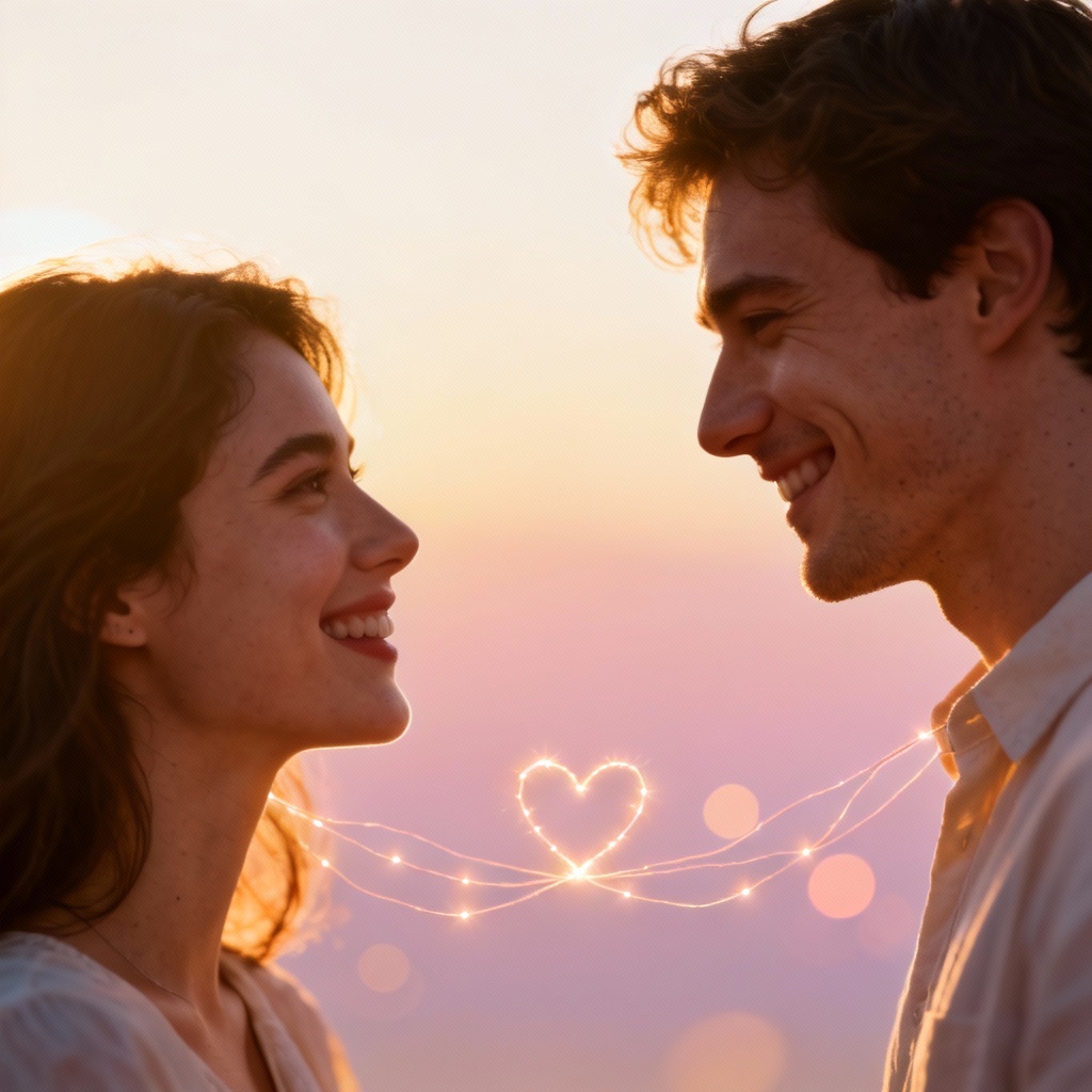 AI portrait showing two people connected by glowing heartlines