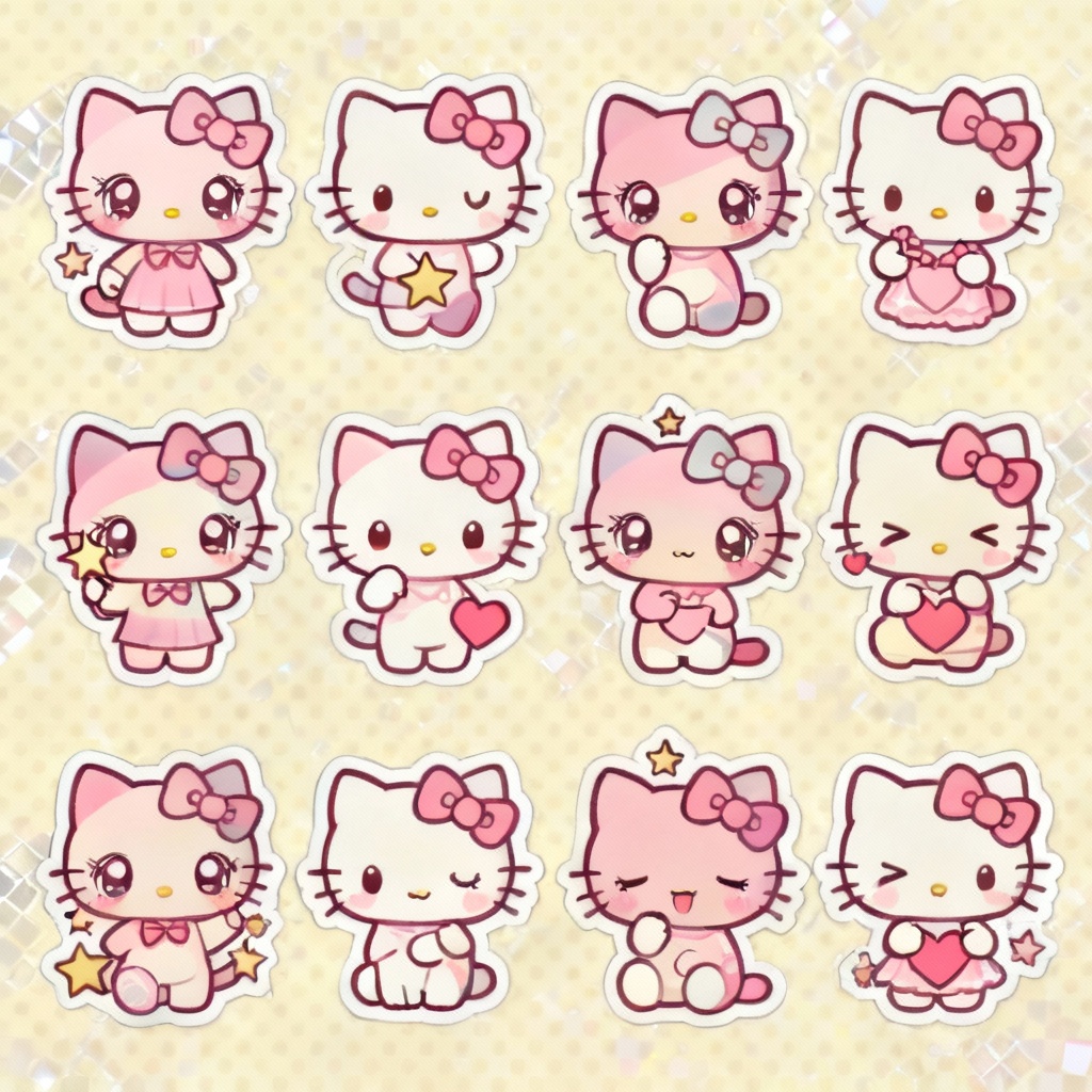 AI Hello Kitty sticker sheet with cute poses and emojis