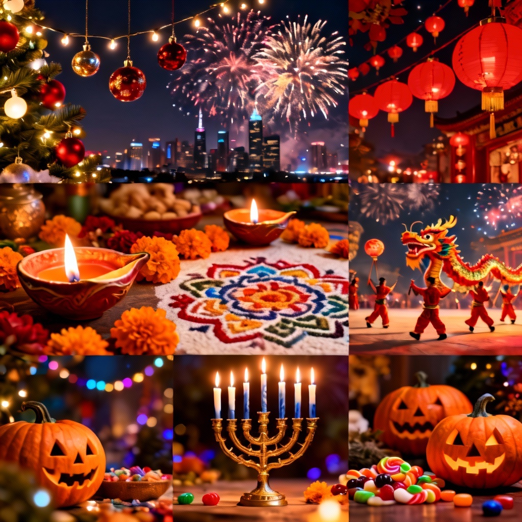 AI festive collage of global holidays with lights, ornaments, and fireworks