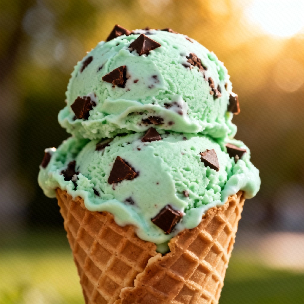 Photoreal mint chocolate chip ice cream cone