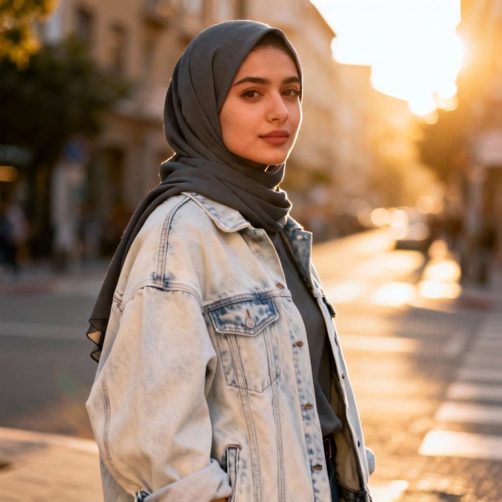 AI hijab streetwear look with denim jacket and urban backdrop