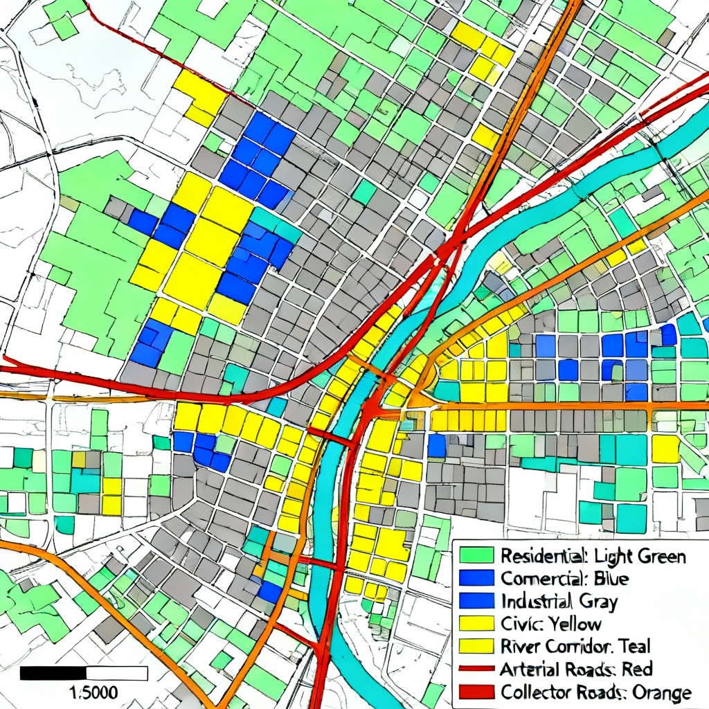 AI-generated top-down city map with zoning and roads