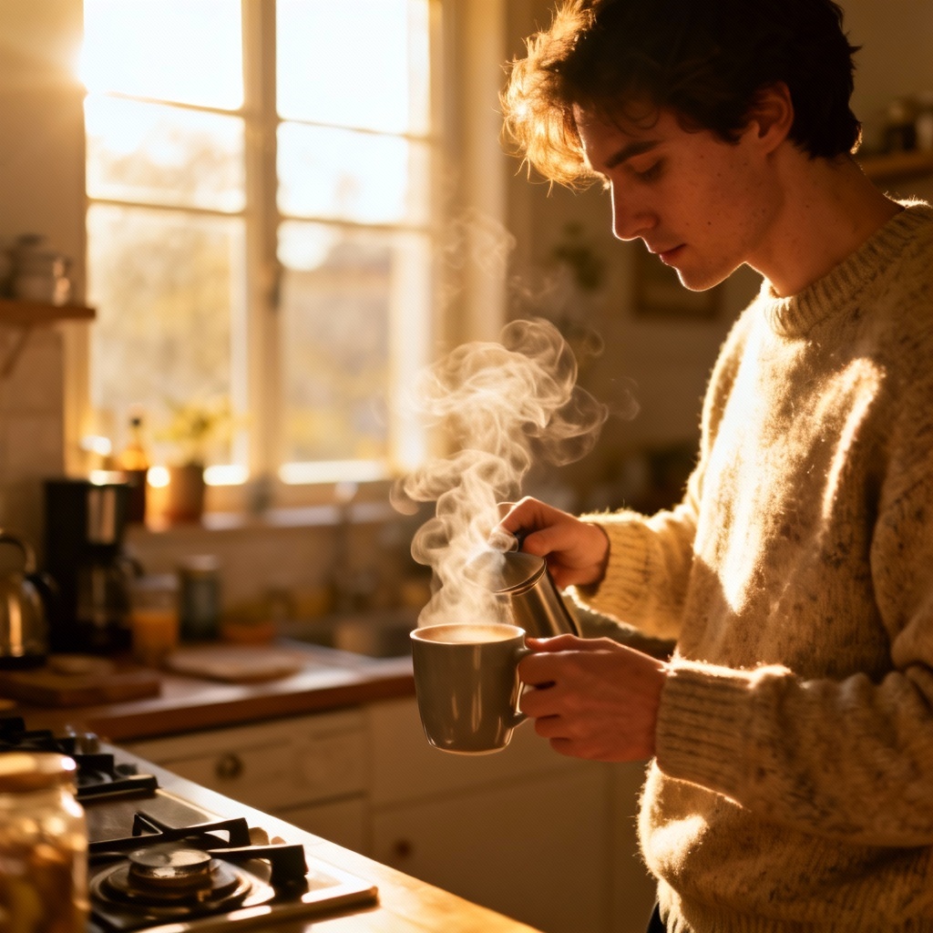 AI candid morning coffee in home kitchen