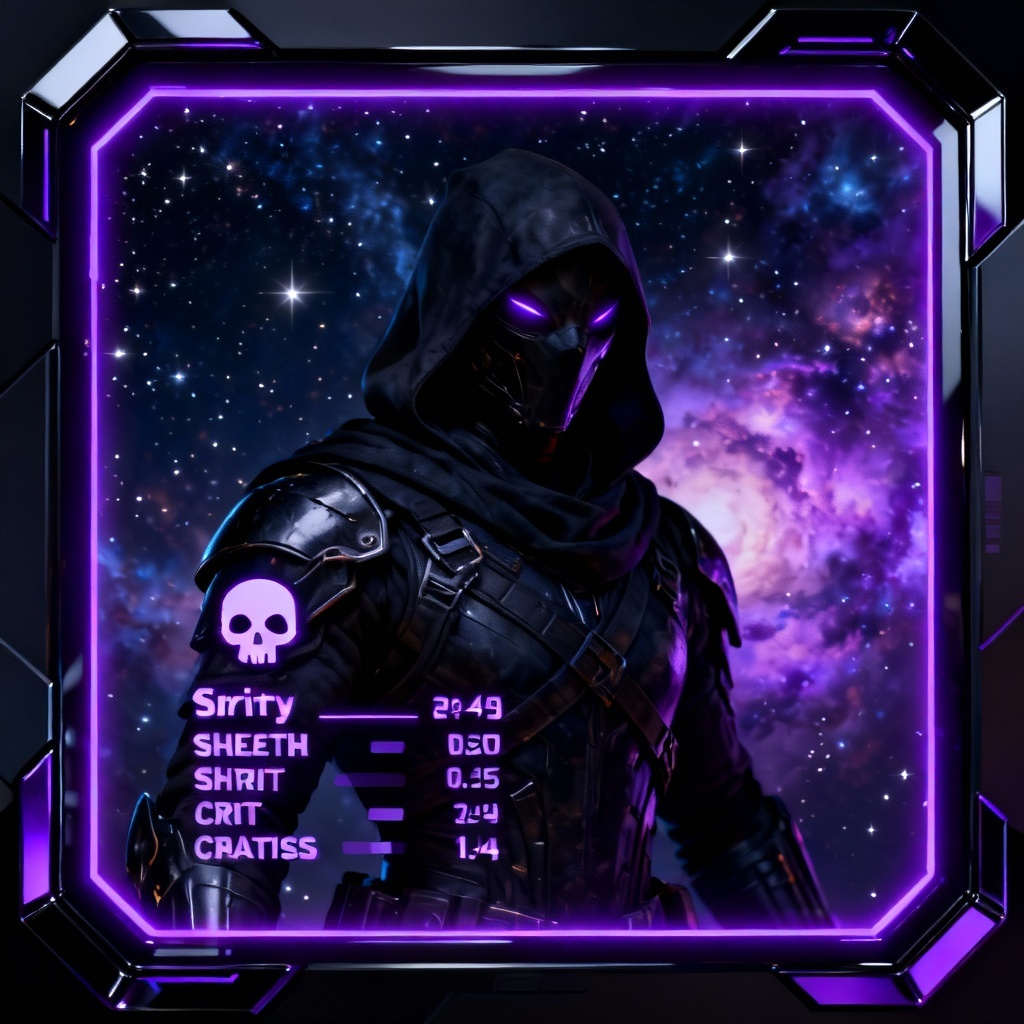 AI galaxy rogue trading card with stealth stats