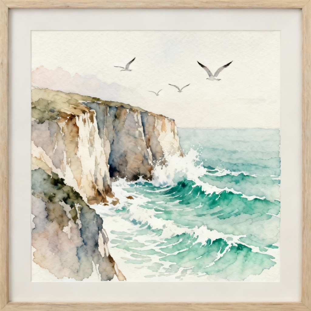 AI landscape watercolor painting of coastal cliffs