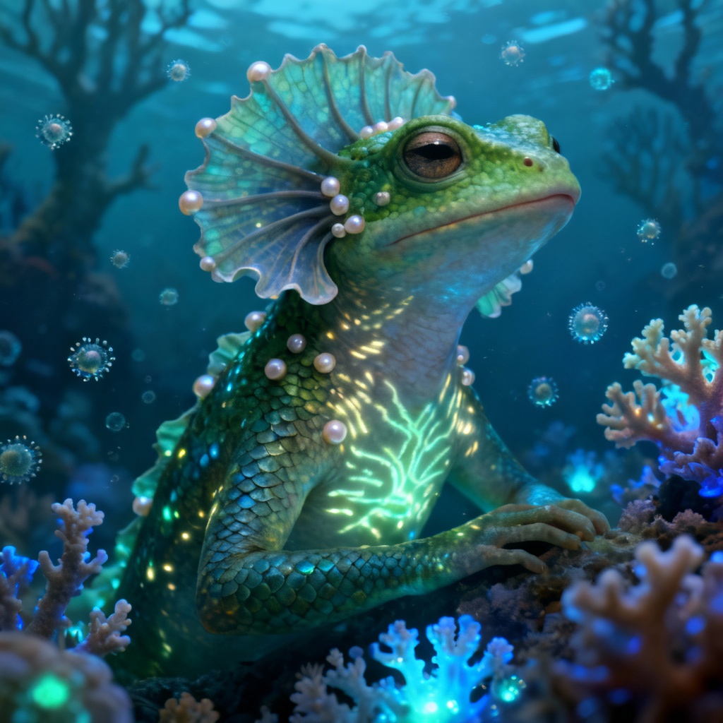 Amphibious alien oracle among coral and glowing reefs