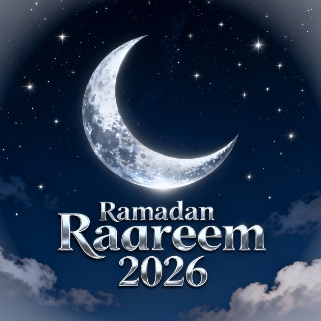 AI Ramadan Kareem night sky card with glowing crescent