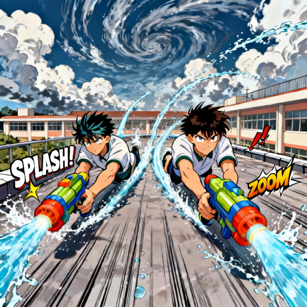 Anime style water gun battle with dynamic action lines