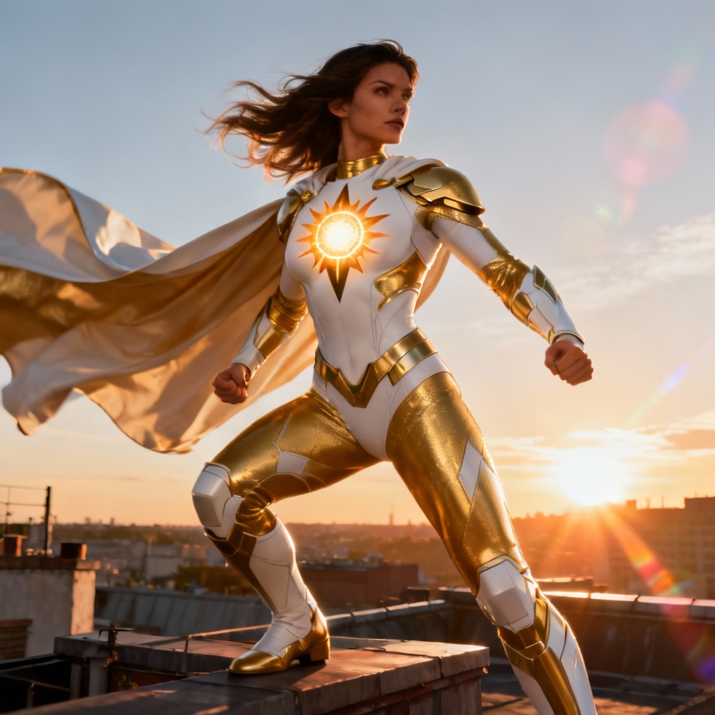 AI Solar Sentinel superheroine glowing at sunrise