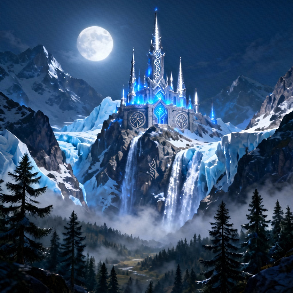 AI moonlit elven citadel atop a glacier