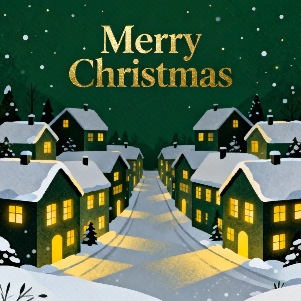 AI Christmas card with cozy winter village and gold foil accents