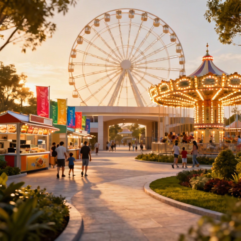 AI-generated amusement park entrance plaza with ferris wheel at sunset