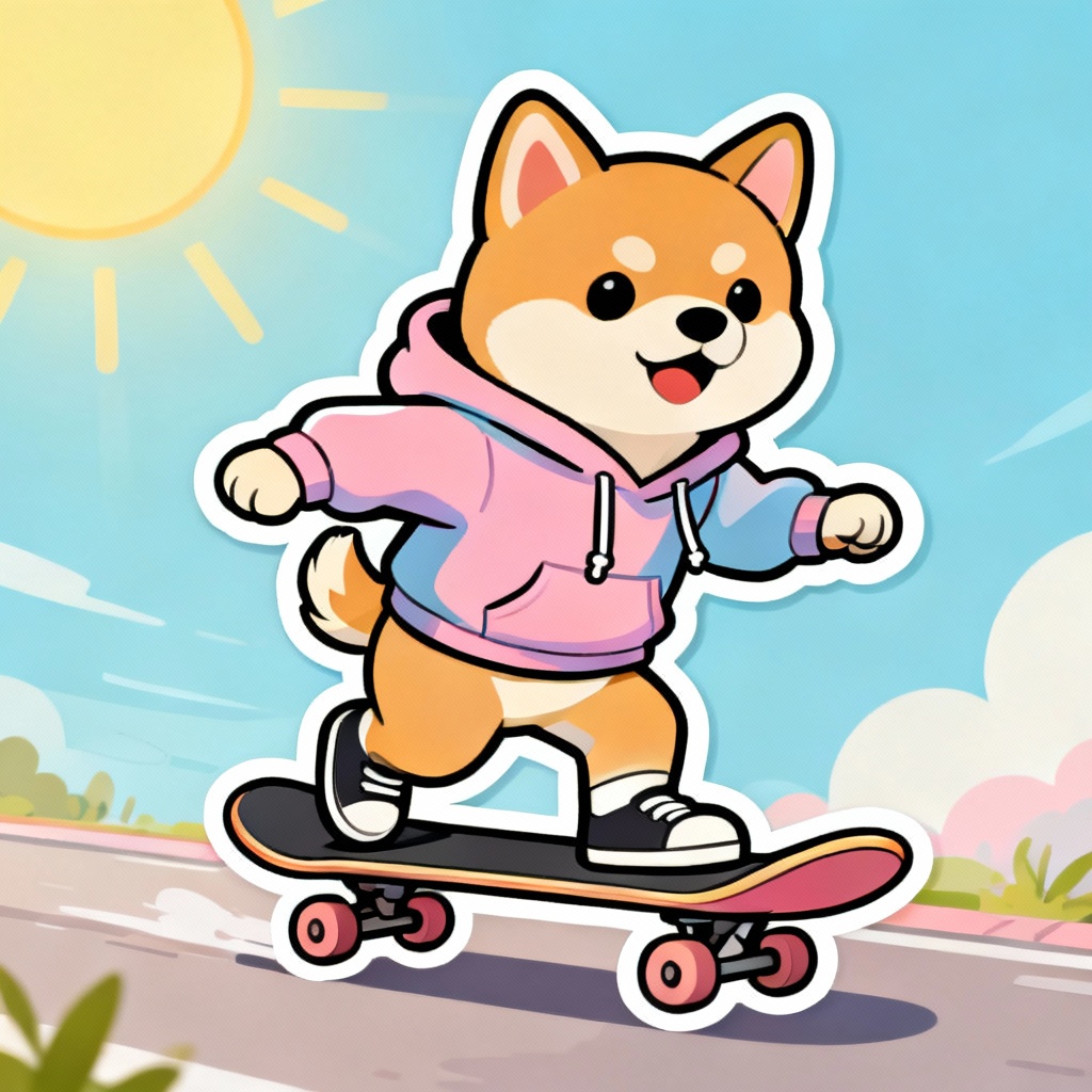 AI cartoon Shiba Inu puppy riding a skateboard