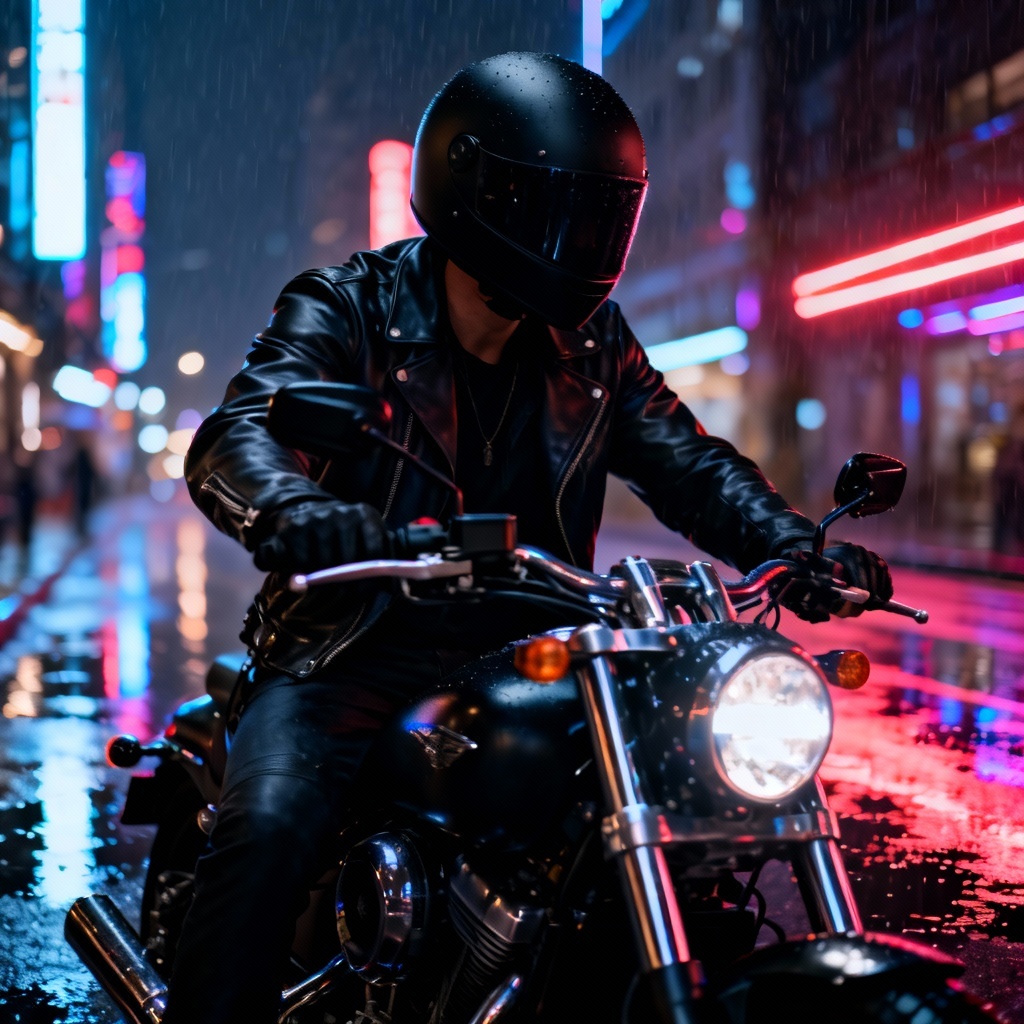 AI biker portrait in neon city at night