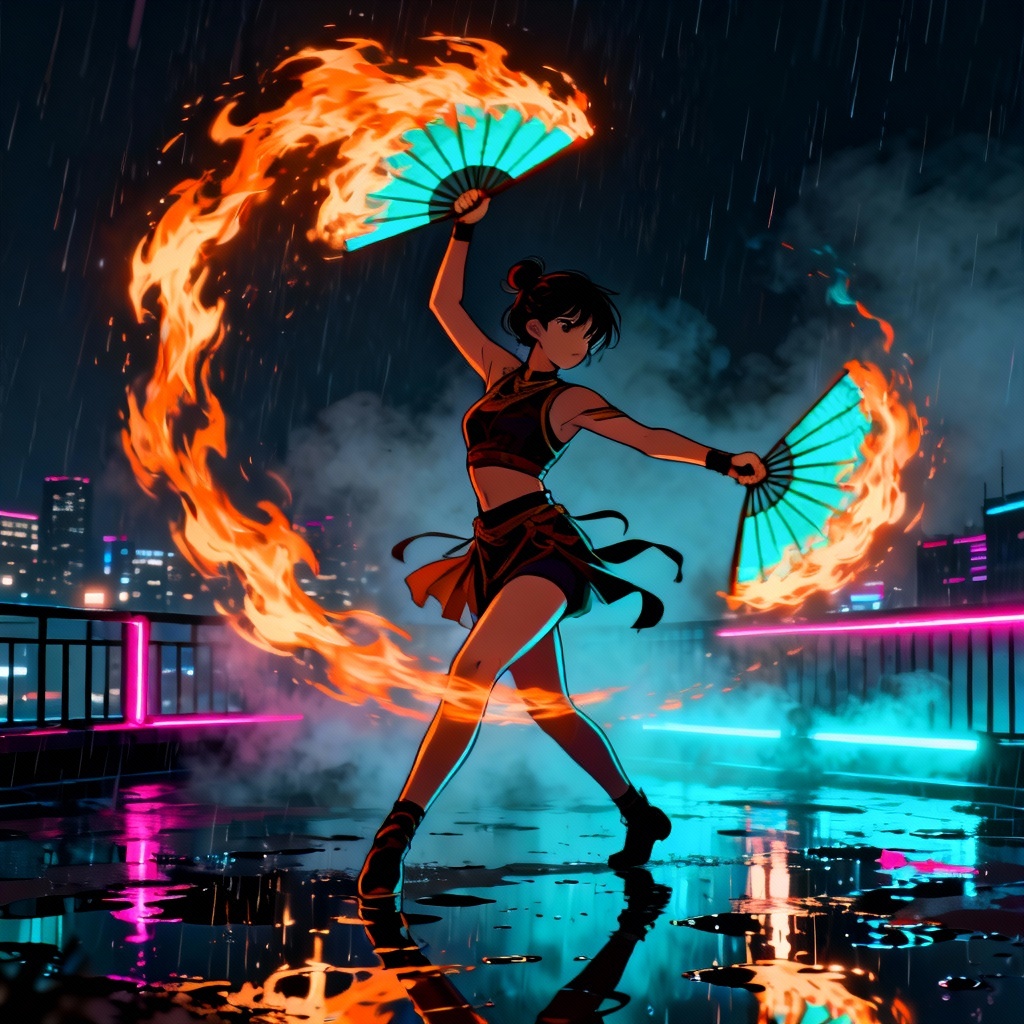 AI cyberpunk rooftop fire fan dancer with neon trails