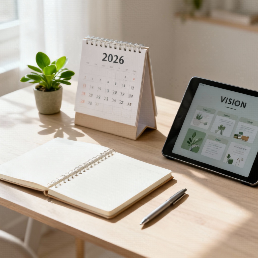 Minimalist desk scene with 2026 calendar and vision board