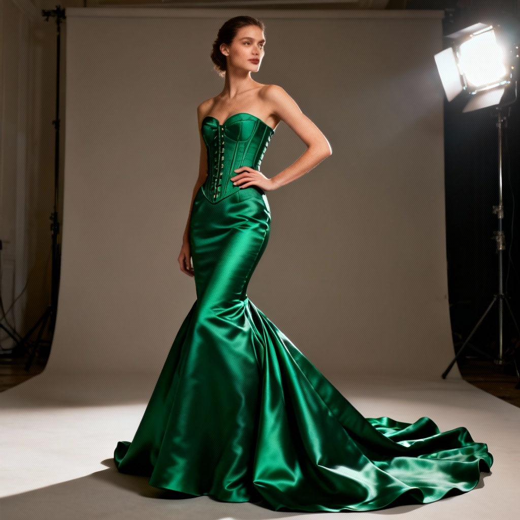 AI couture emerald evening gown with dramatic train