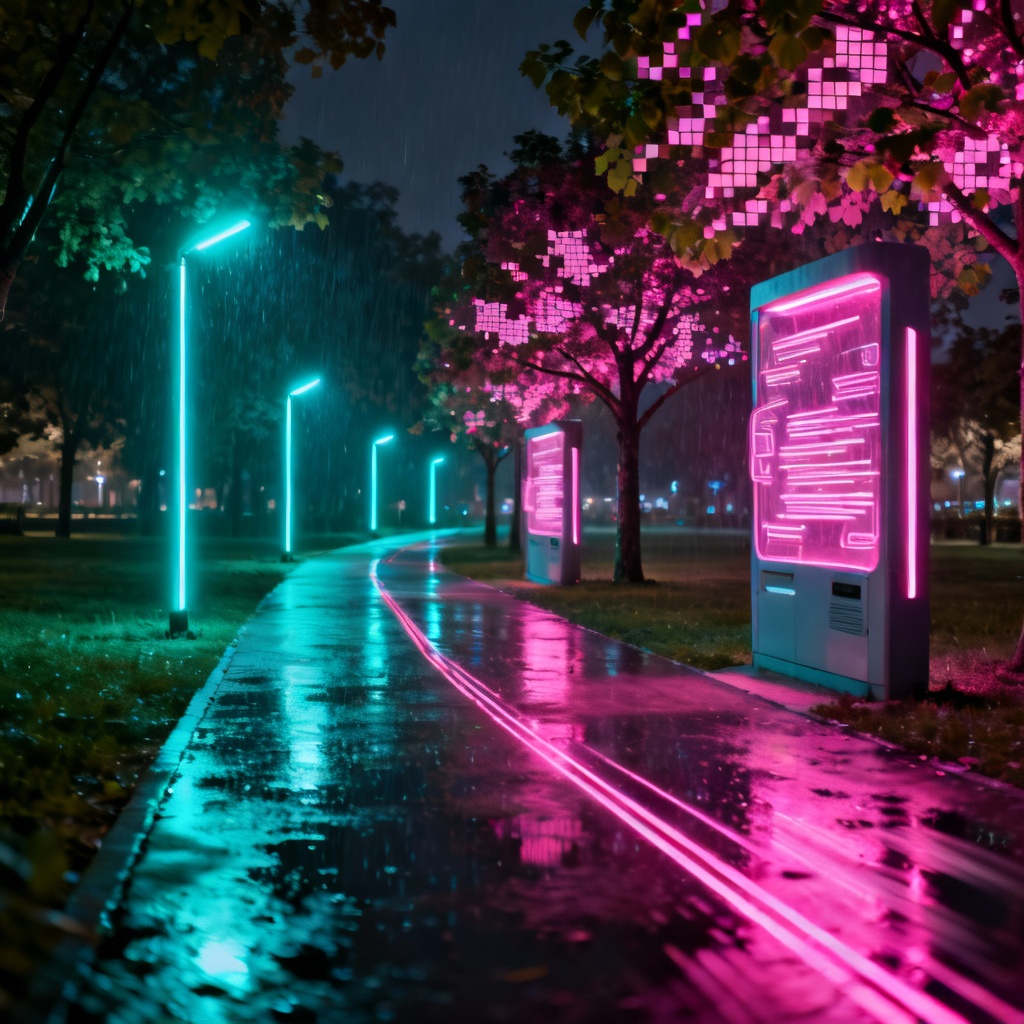 Futuristic smart park at night with neon lights