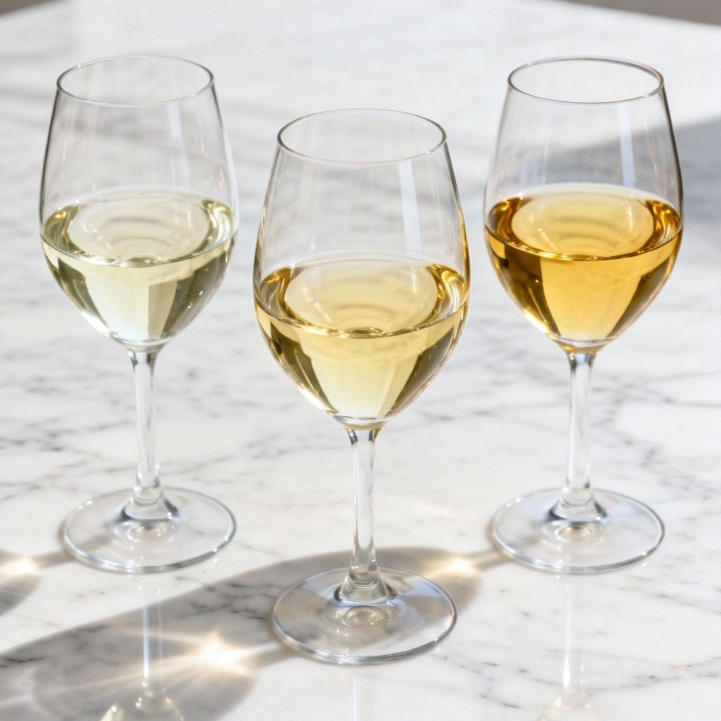 AI white wine tasting set of three glasses with different hues