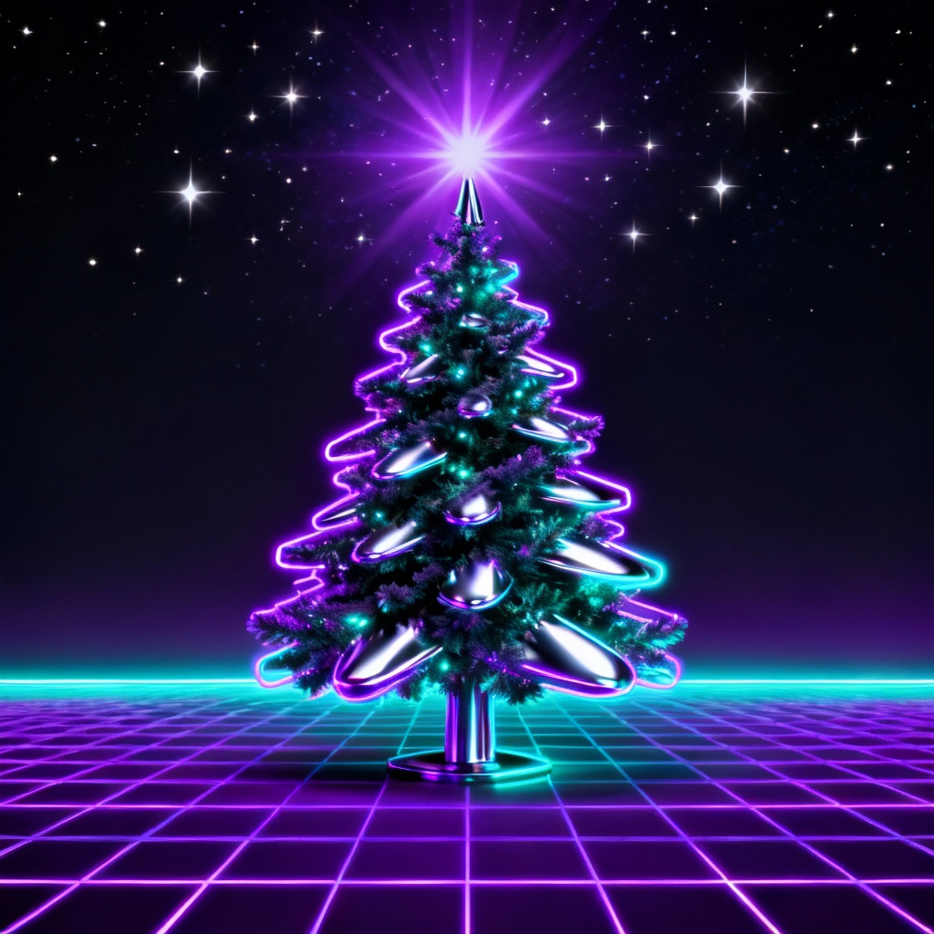 AI neon synthwave Christmas tree illustration