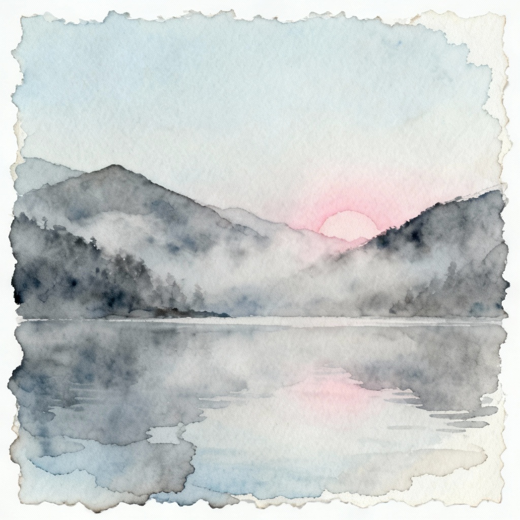 Delicate watercolor landscape with misty mountains and soft tones