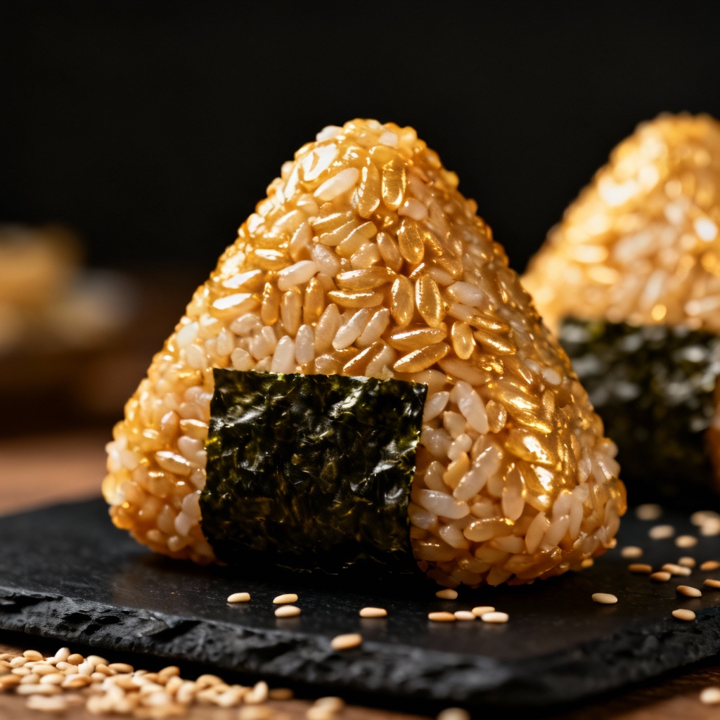 AI macro closeup of sushi rice onigiri with nori wrap