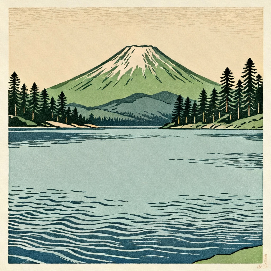 AI landscape painting in ukiyo-e style of a lake and mountain
