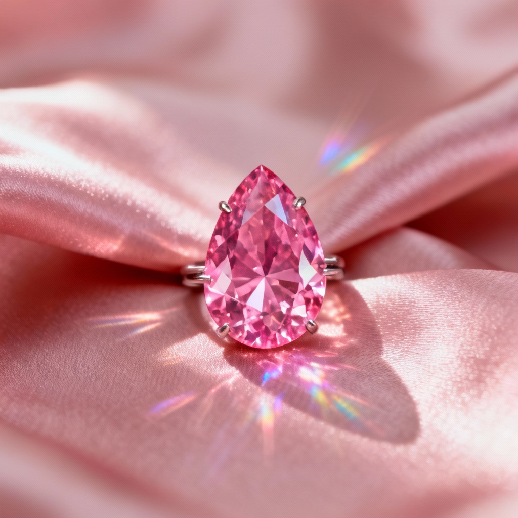 AI fancy vivid pink pear diamond close-up on silk