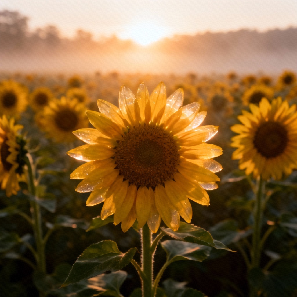 AI-generated sunflower field at sunrise with golden backlight